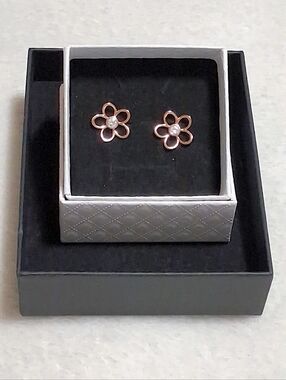 Natural Diamond/Rose Gold Over Solid 925 Flower Earrings